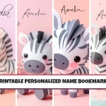 Custom Name Bookmarks for Kids Set of 4 Printable Cute Animal Zebra Designs Personalized and Fun for Children’s Reading Adventures