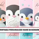 Unique Printable Name Bookmarks for Kids Set of 4 Customizable Cute Animal Penguin Design for Children Add a Personal Touch to Reading