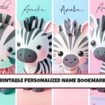 Custom Name Bookmarks for Kids Set of 4 Printable Cute Animal Zebra Designs Personalized and Fun for Children’s Reading Adventures