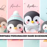 Unique Printable Name Bookmarks for Kids Set of 4 Customizable Cute Animal Penguin Design for Children Add a Personal Touch to Reading