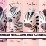 Custom Name Bookmarks for Kids Set of 4 Printable Cute Animal Zebra Designs Personalized and Fun for Children’s Reading Adventures