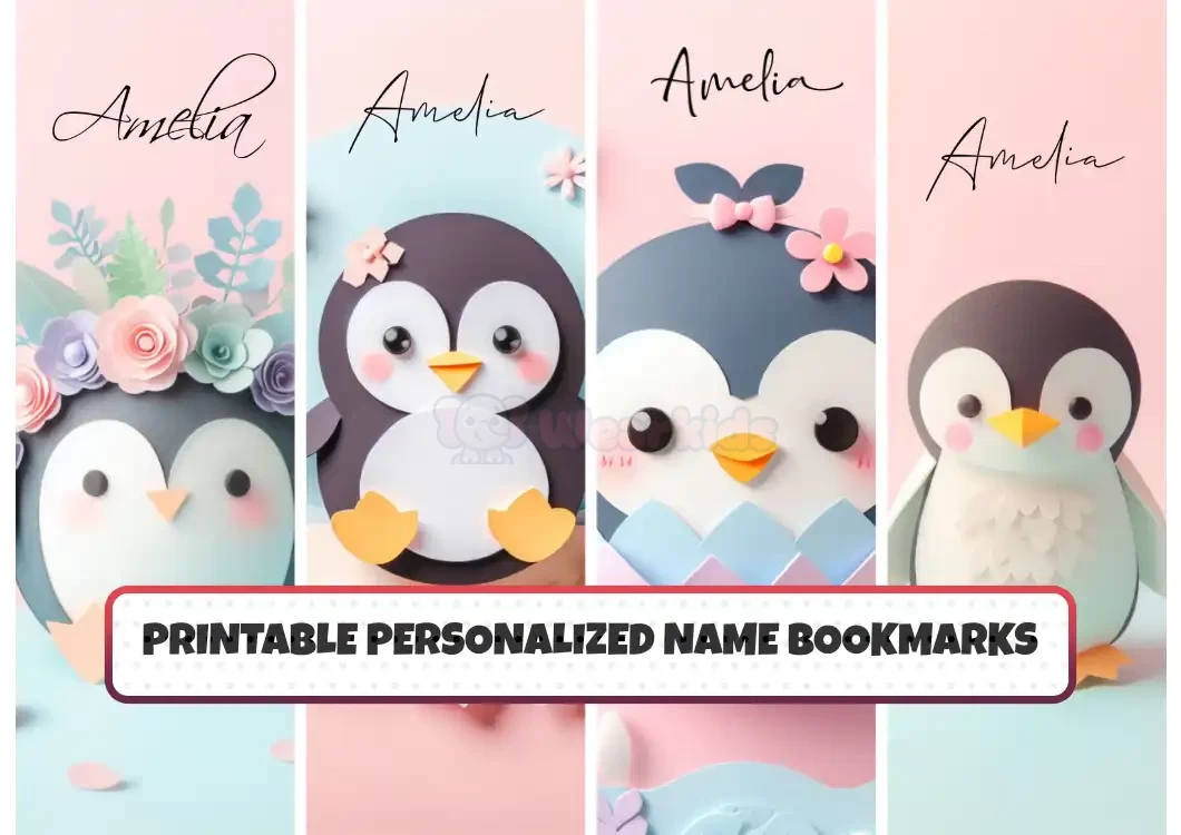 Unique Printable Name Bookmarks for Kids Set of 4 Customizable Cute Animal Penguin Design for Children Add a Personal Touch to Reading