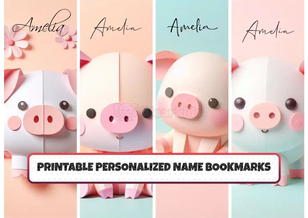 Personalized Kids Bookmarks Printable Set of 4 Custom Name and Cute Animal Pig Design Bookmarks Enhance Your Child’s Reading Experience