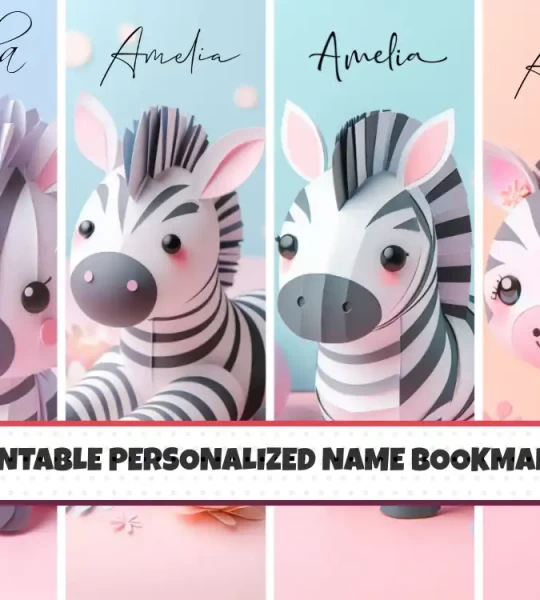 Custom Name Bookmarks for Kids Set of 4 Printable Cute Animal Zebra Designs Personalized and Fun for Children’s Reading Adventures