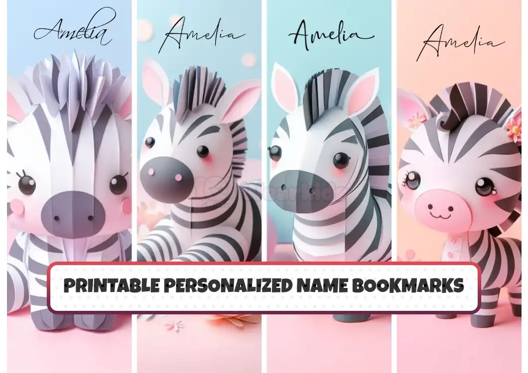 Custom Name Bookmarks for Kids Set of 4 Printable Cute Animal Zebra Designs Personalized and Fun for Children’s Reading Adventures