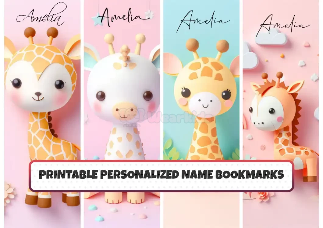 Unique Printable Name Bookmarks for Kids Set of 4 Customizable Cute Animal Giraffe Designs for Children Enhance Your Child’s Reading Experience