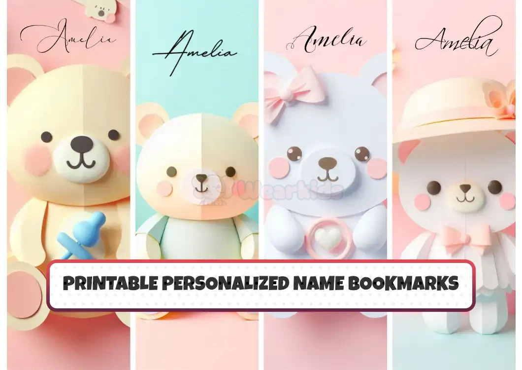 Printable Personalised Name Bookmarks set of 4 Customizable Bookmarks for Kids Printable Bookmark Designs Bookmark Bundle Printable Cute Bear Bookmark