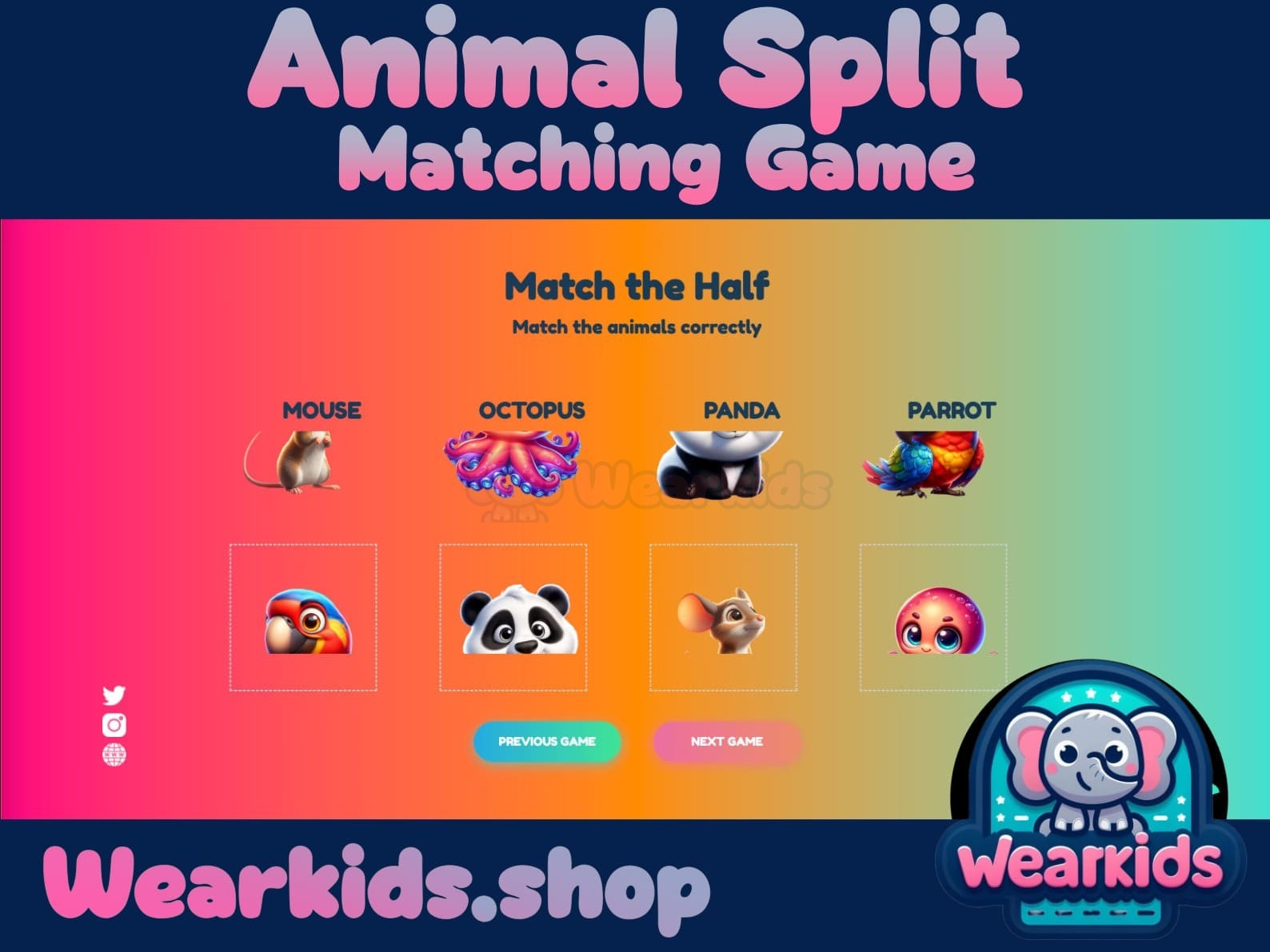 Animal Split Game Matching e-Puzzle, Busy Book Page, Match the Half, Shadow Matching Game, Preschool and Kindergarten Activity, Worksheet